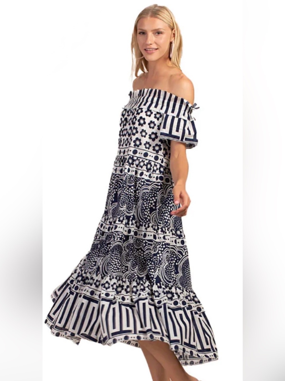 Trina Turk Cattleya 2 Off-the-Shoulder Tiered Midi Dress Ink Whitewash Small